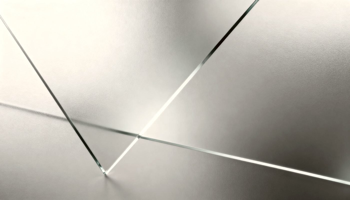 Stacked panes of float glass, edges catching the light
